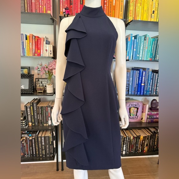 Elegant Navy Blue Ruffle Dress - Picture 1 of 8